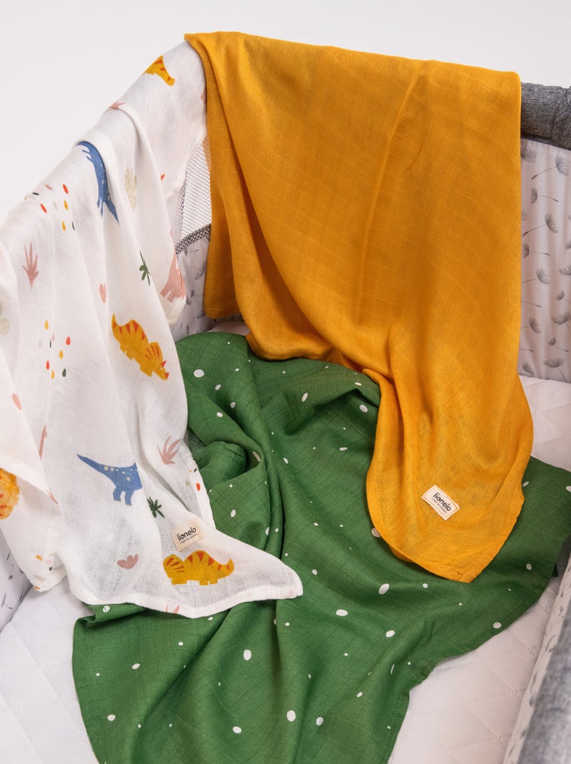 3 fasce per neonati in cotone e bambù naturale LIONELO - 70x70 cm - Antibatteriche Bianco/Giallo/Verde - Kiabi
