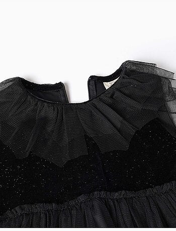 Abito a manica lunga in velluto e tulle con volant