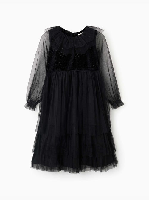 Abito a manica lunga in velluto e tulle con volant - Kiabi