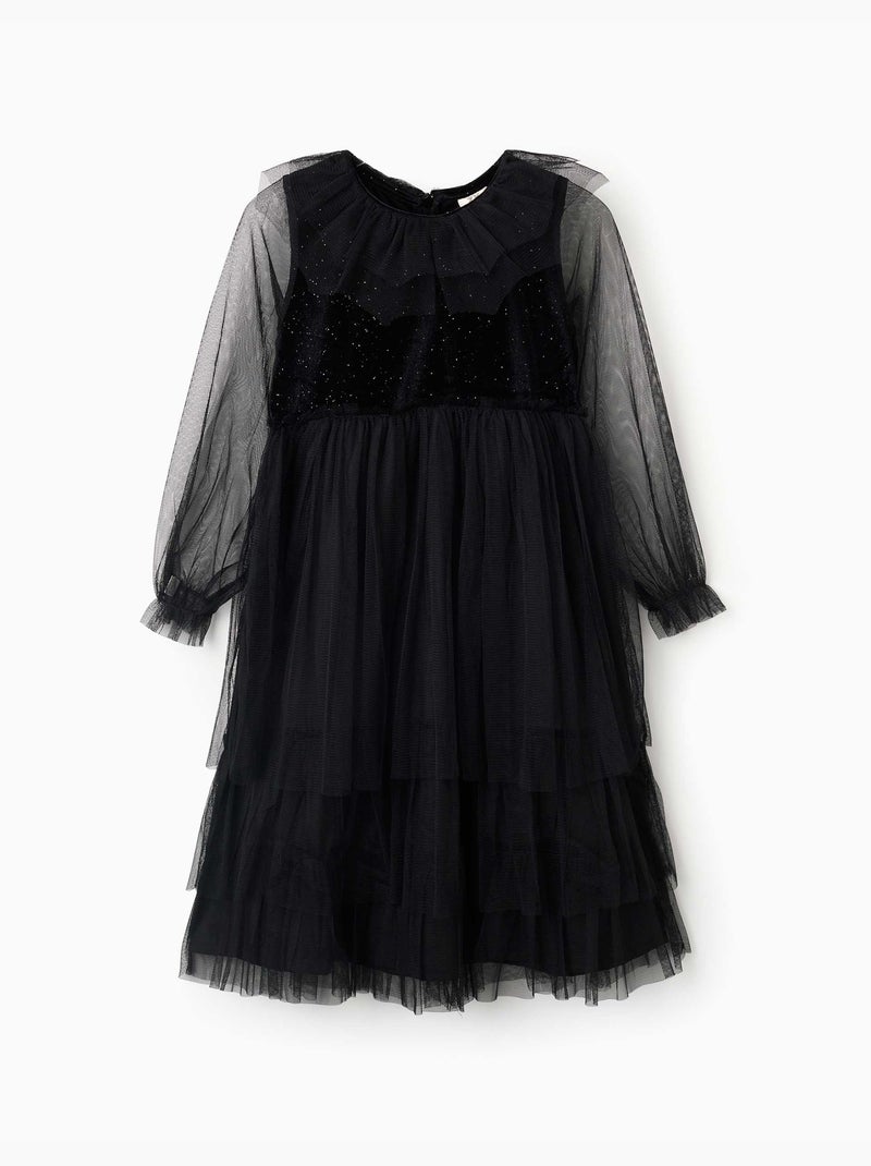 Abito a manica lunga in velluto e tulle con volant Nero Nero - Kiabi