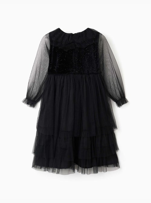 Abito a manica lunga in velluto e tulle con volant - Kiabi