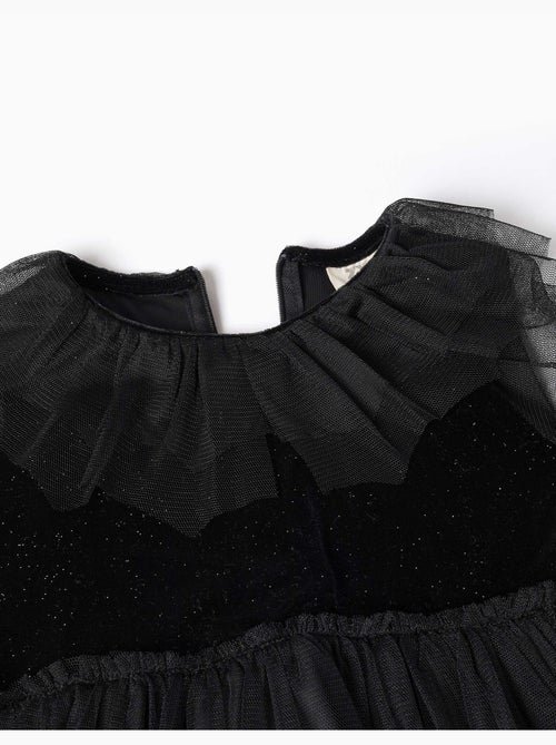 Abito a manica lunga in velluto e tulle con volant - Kiabi