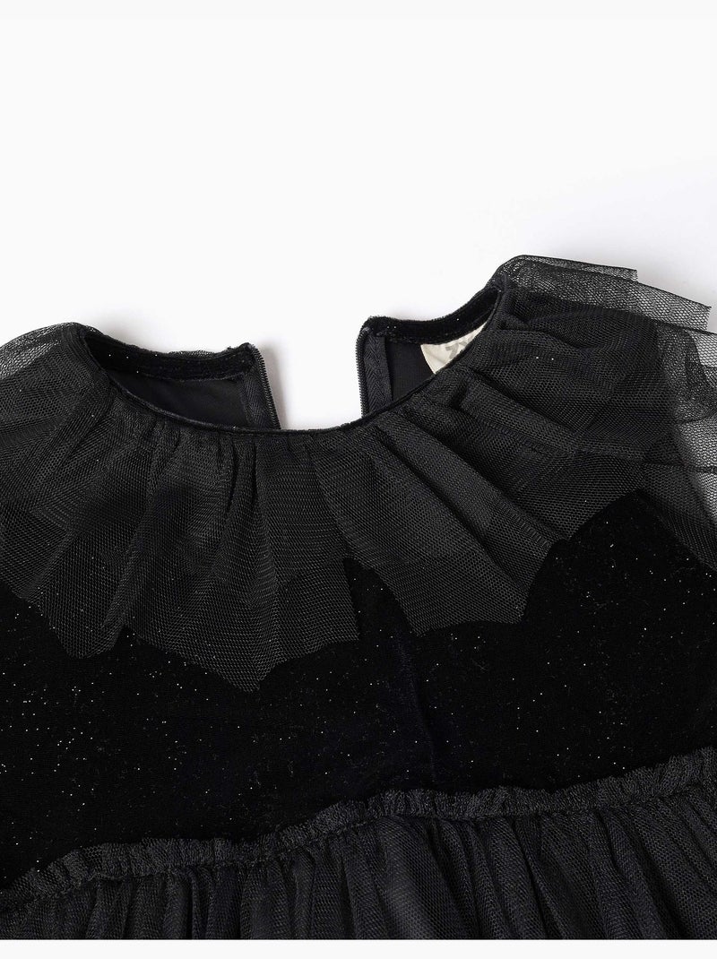 Abito a manica lunga in velluto e tulle con volant Nero Nero - Kiabi