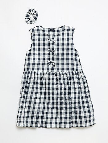 Abito a quadretti con maniche corte, fiocco + scrunchie