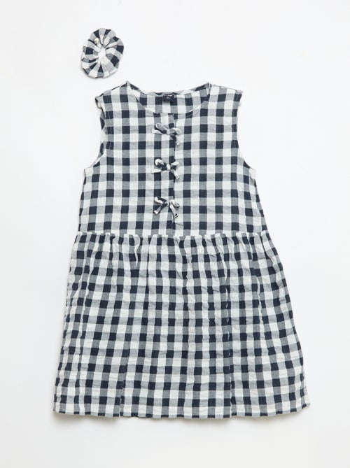 Abito a quadretti con maniche corte, fiocco + scrunchie - Kiabi