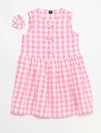 Abito a quadretti con maniche corte, fiocco + scrunchie