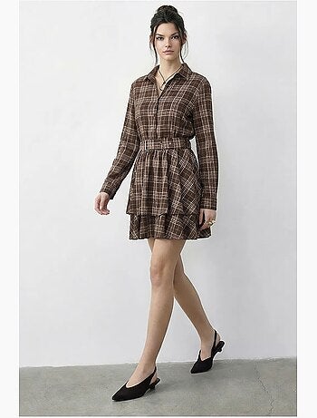 Abito camicia a quadri con cintura lucci
