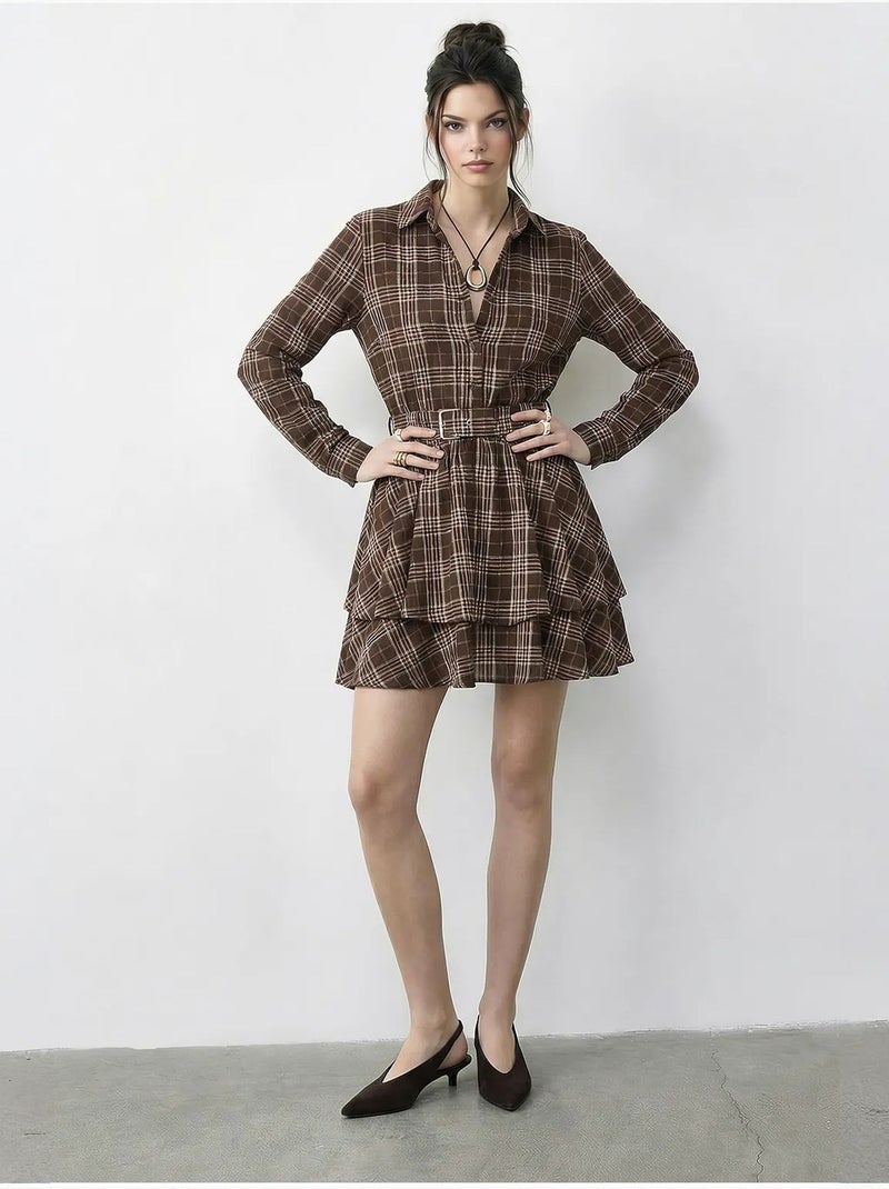 Abito camicia a quadri con cintura lucci Marrone cioccolato - Kiabi