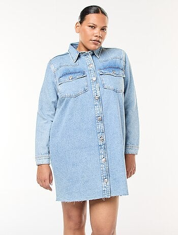 Abito camicia corto in denim con finitura a taglio vivo