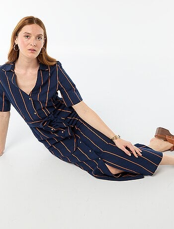 Abito camicia lungo a maniche corte in cotone e lino