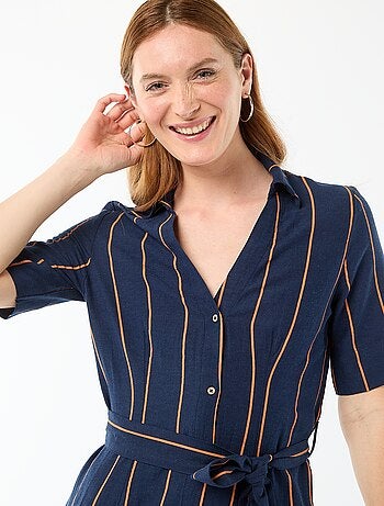 Abito camicia lungo a maniche corte in cotone e lino