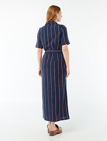 Abito camicia lungo a maniche corte in cotone e lino