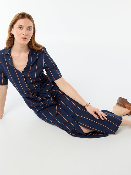 Abito camicia lungo a maniche corte in cotone e lino - Kiabi