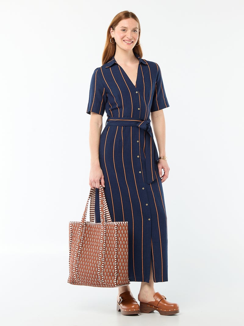 Abito camicia lungo a maniche corte in cotone e lino Blu - Kiabi