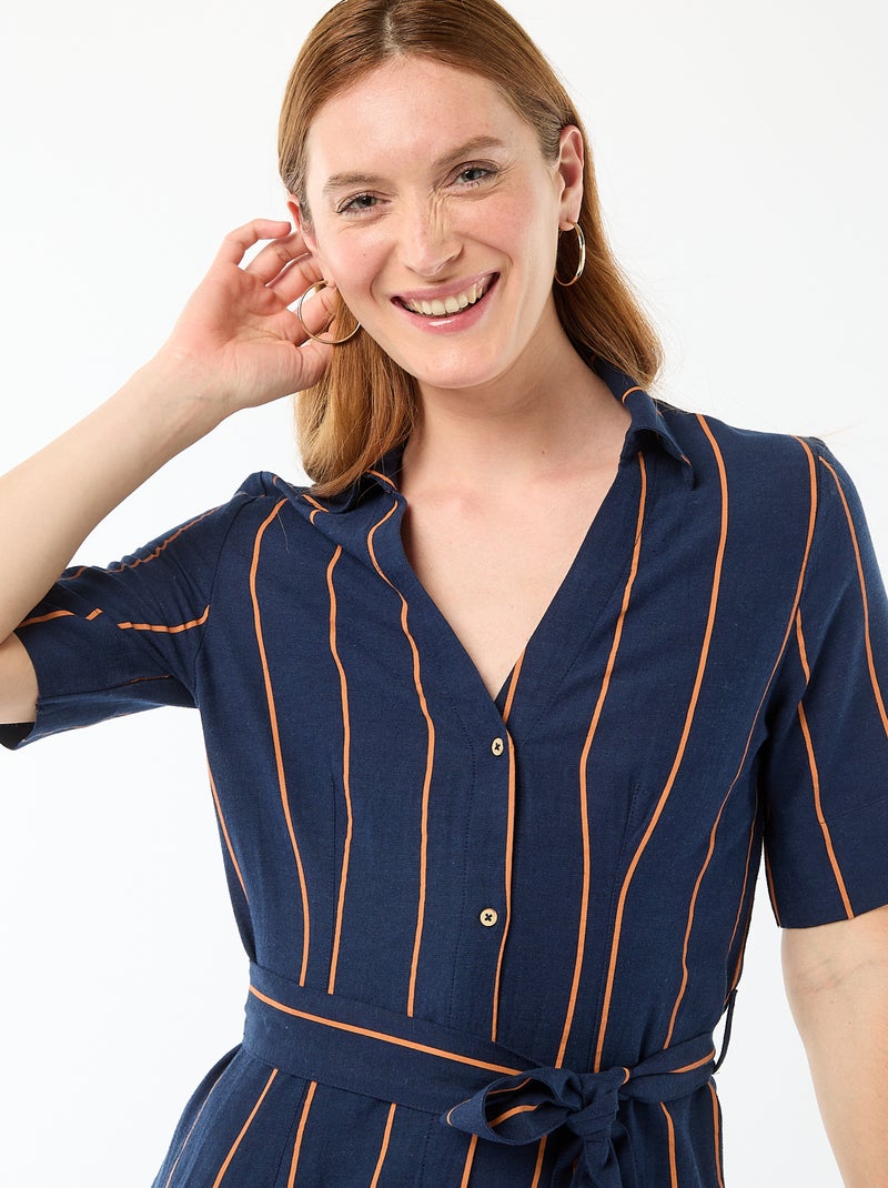 Abito camicia lungo a maniche corte in cotone e lino Blu - Kiabi