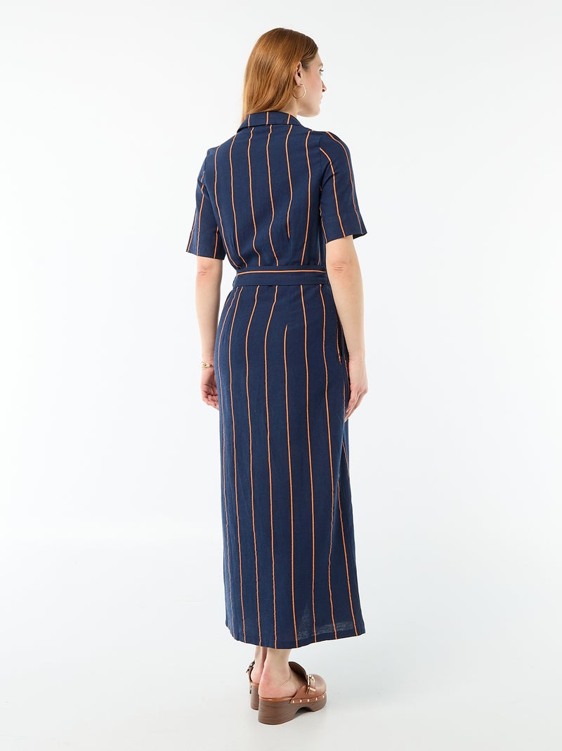 Abito camicia lungo a maniche corte in cotone e lino Blu - Kiabi