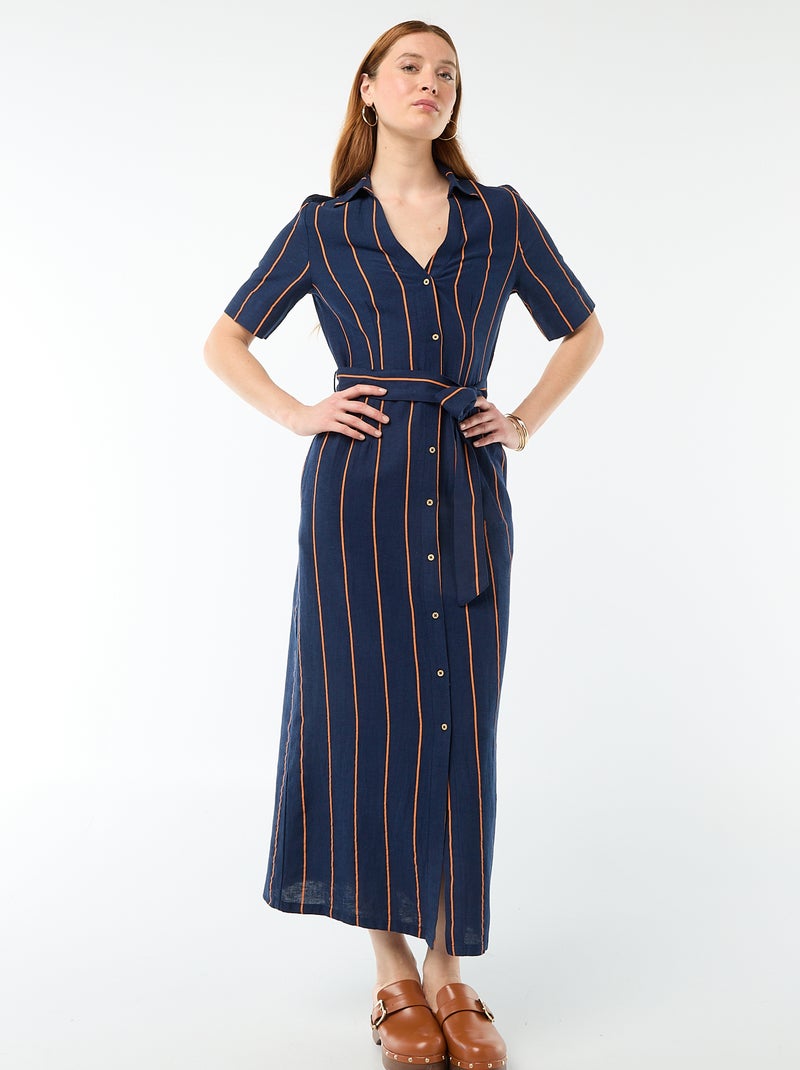 Abito camicia lungo a maniche corte in cotone e lino Blu - Kiabi