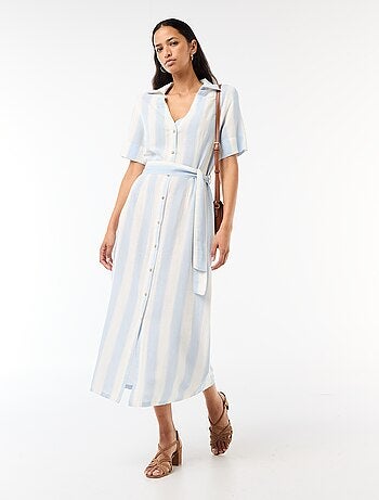 Abito camicia lungo a maniche corte in cotone e lino