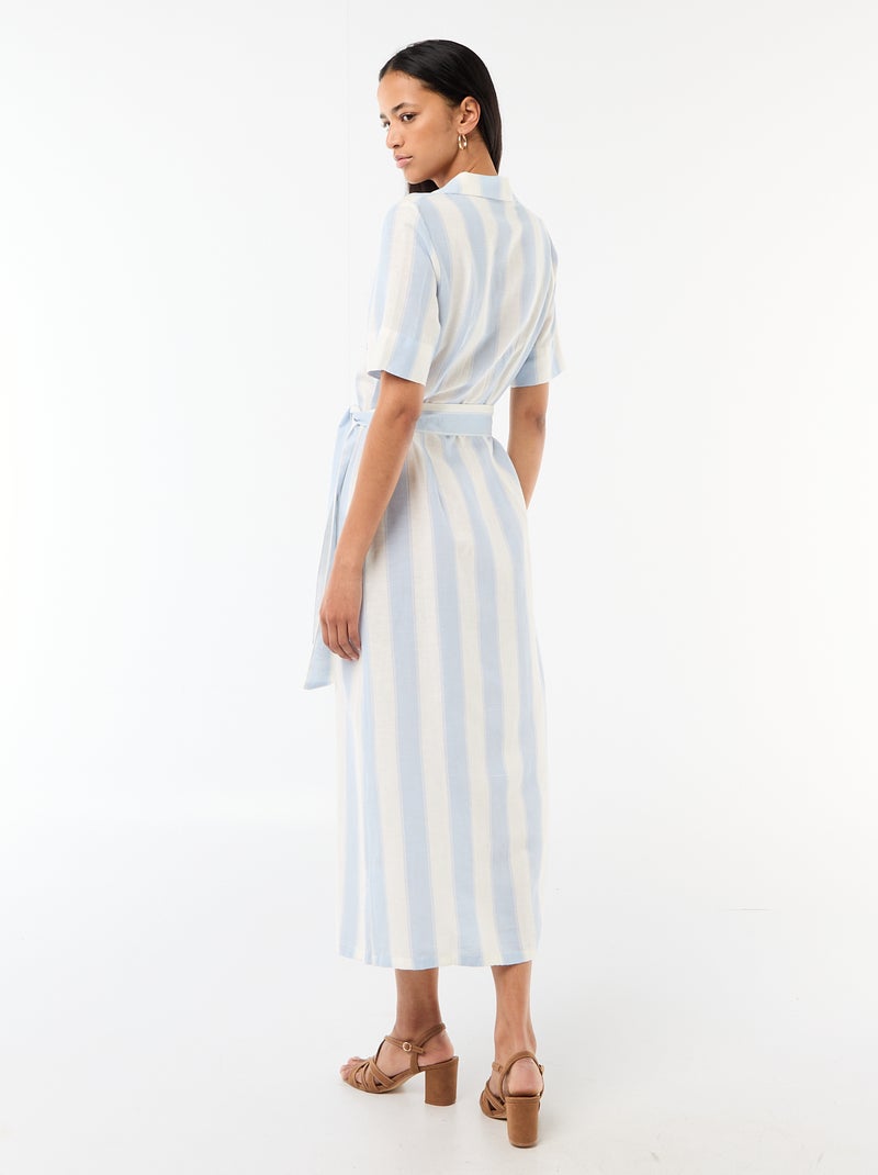 Abito camicia lungo a maniche corte in cotone e lino Blu - Kiabi