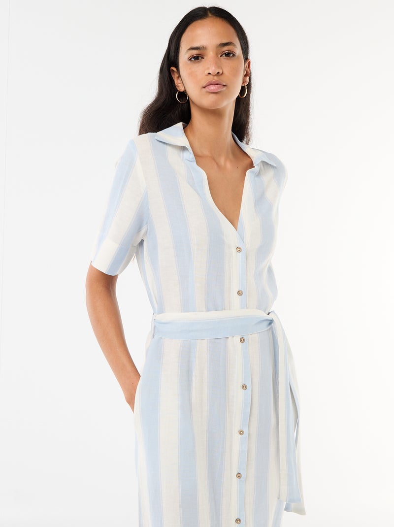 Abito camicia lungo a maniche corte in cotone e lino Blu - Kiabi
