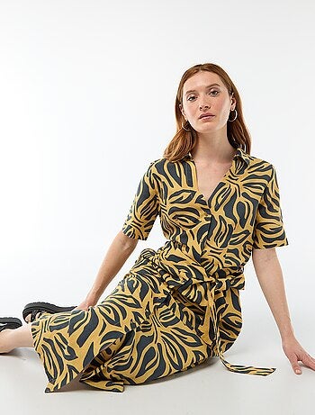 Abito camicia lungo a maniche corte in cotone e lino