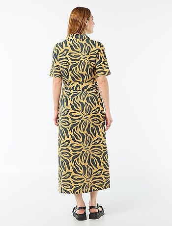 Abito camicia lungo a maniche corte in cotone e lino