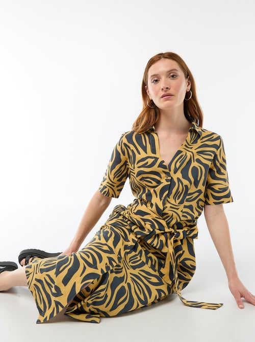 Abito camicia lungo a maniche corte in cotone e lino - Kiabi