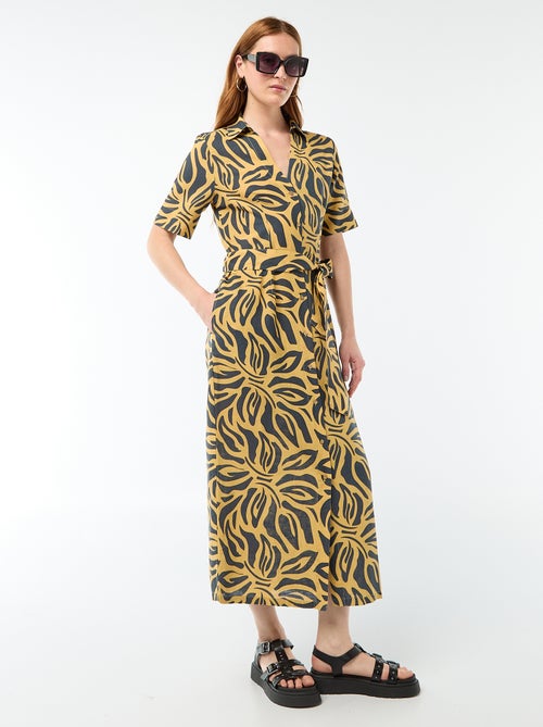 Abito camicia lungo a maniche corte in cotone e lino - Kiabi