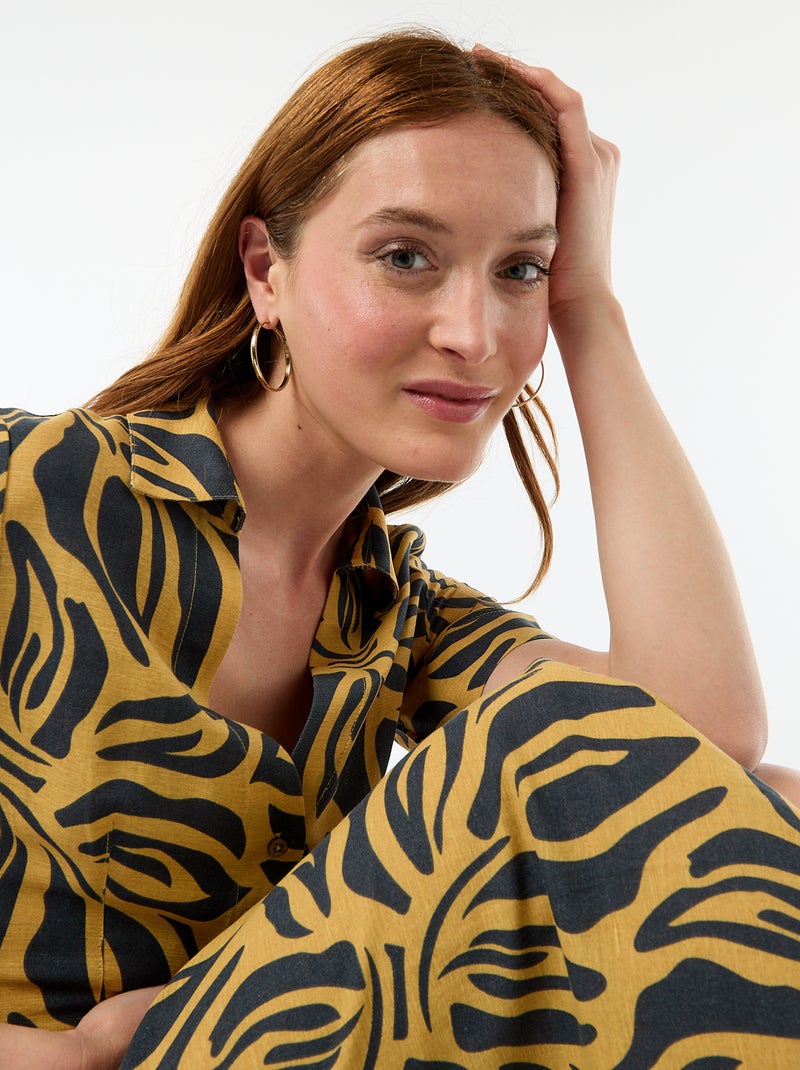 Abito camicia lungo a maniche corte in cotone e lino Giallo - Kiabi