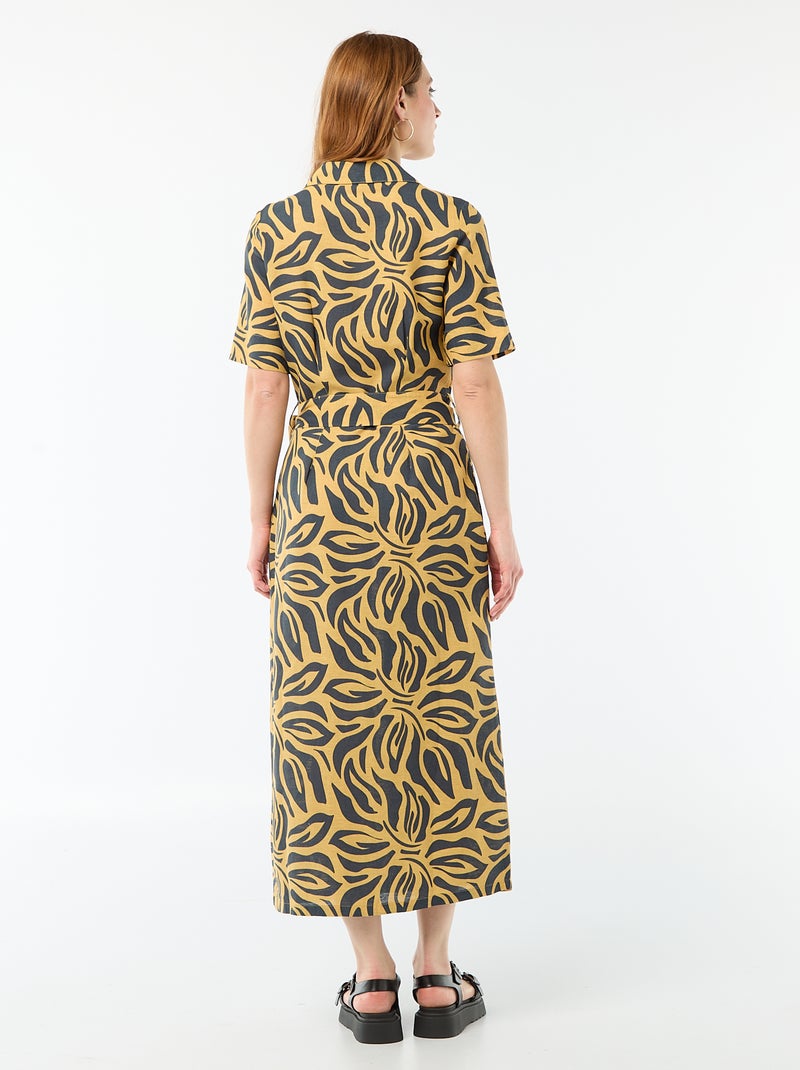 Abito camicia lungo a maniche corte in cotone e lino Giallo - Kiabi