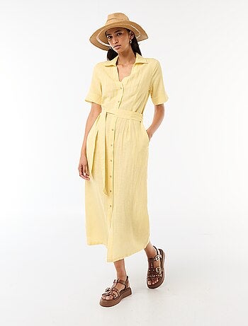 Abito camicia lungo a maniche corte in cotone e lino