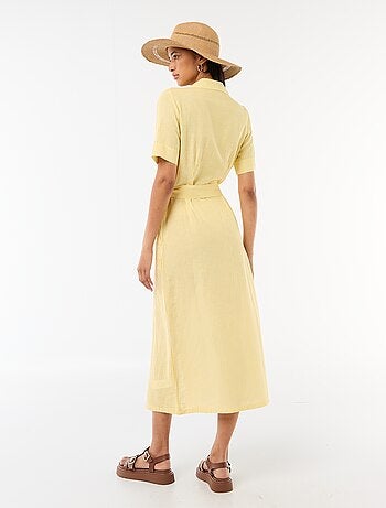 Abito camicia lungo a maniche corte in cotone e lino