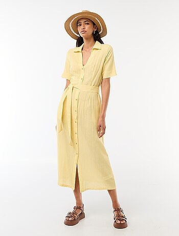 Abito camicia lungo a maniche corte in cotone e lino