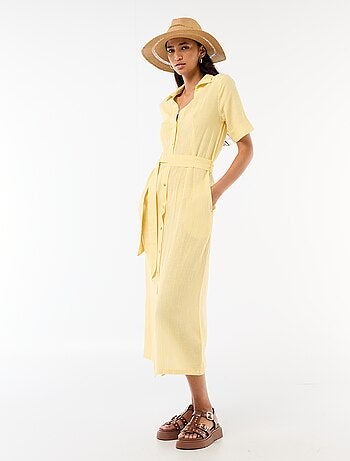 Abito camicia lungo a maniche corte in cotone e lino