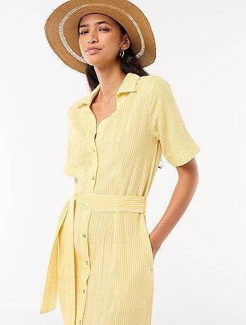 Abito camicia lungo a maniche corte in cotone e lino