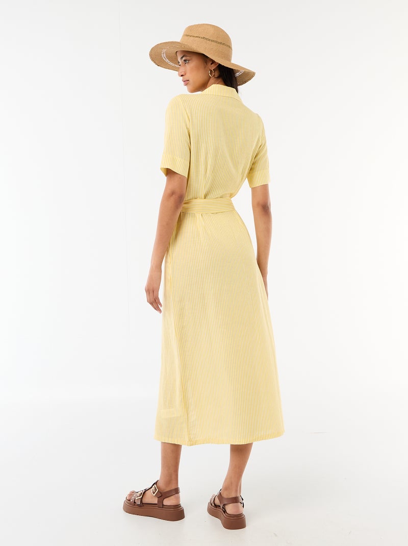 Abito camicia lungo a maniche corte in cotone e lino Giallo - Kiabi