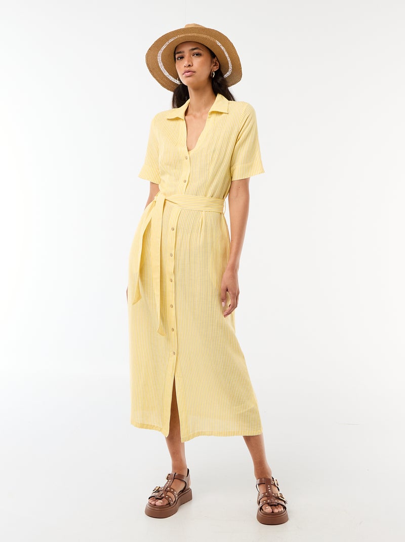 Abito camicia lungo a maniche corte in cotone e lino Giallo - Kiabi