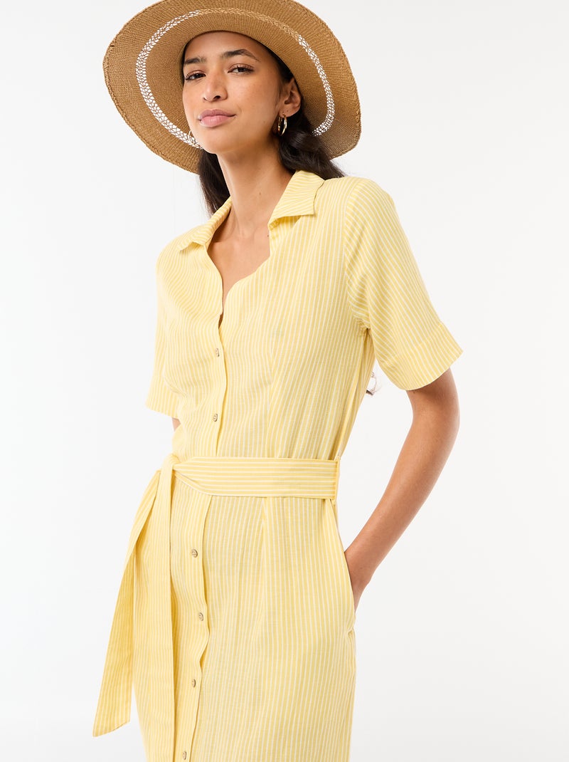 Abito camicia lungo a maniche corte in cotone e lino Giallo - Kiabi