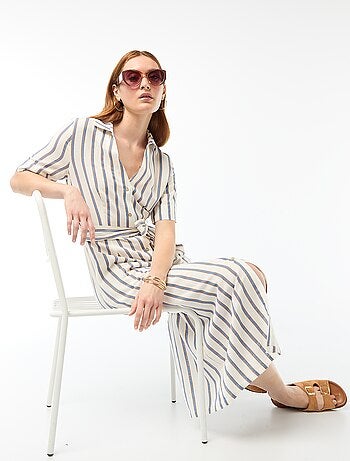 Abito camicia lungo a maniche corte in cotone e lino