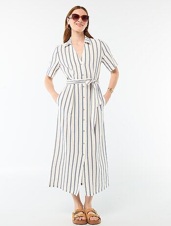 Abito camicia lungo a maniche corte in cotone e lino