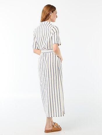 Abito camicia lungo a maniche corte in cotone e lino