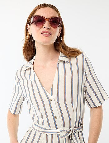 Abito camicia lungo a maniche corte in cotone e lino