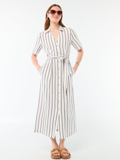 Abito camicia lungo a maniche corte in cotone e lino - Kiabi