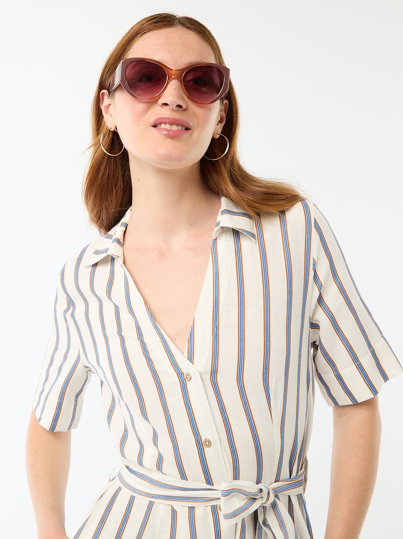 Abito camicia lungo a maniche corte in cotone e lino Marrone - Kiabi