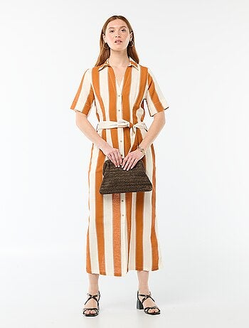 Abito camicia lungo a maniche corte in cotone e lino