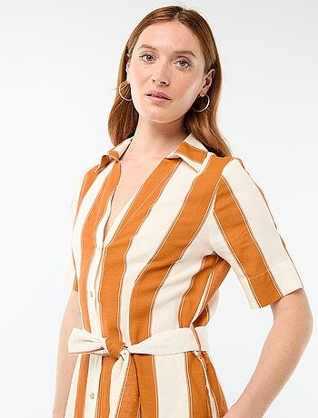 Abito camicia lungo a maniche corte in cotone e lino