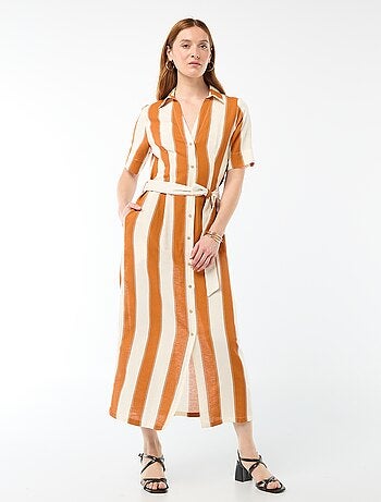 Abito camicia lungo a maniche corte in cotone e lino