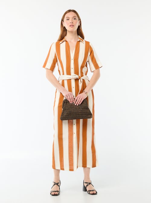 Abito camicia lungo a maniche corte in cotone e lino - Kiabi