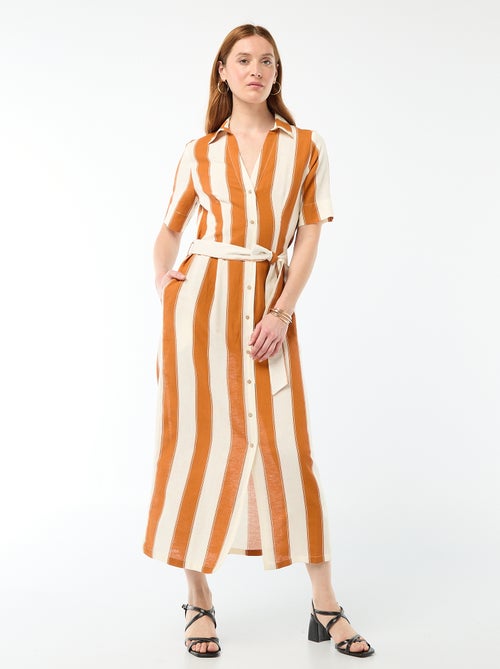 Abito camicia lungo a maniche corte in cotone e lino - Kiabi