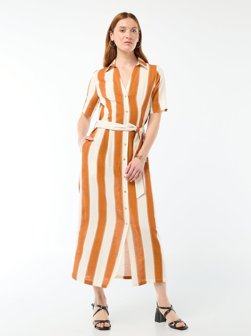 Abito camicia lungo a maniche corte in cotone e lino Rosa - Kiabi